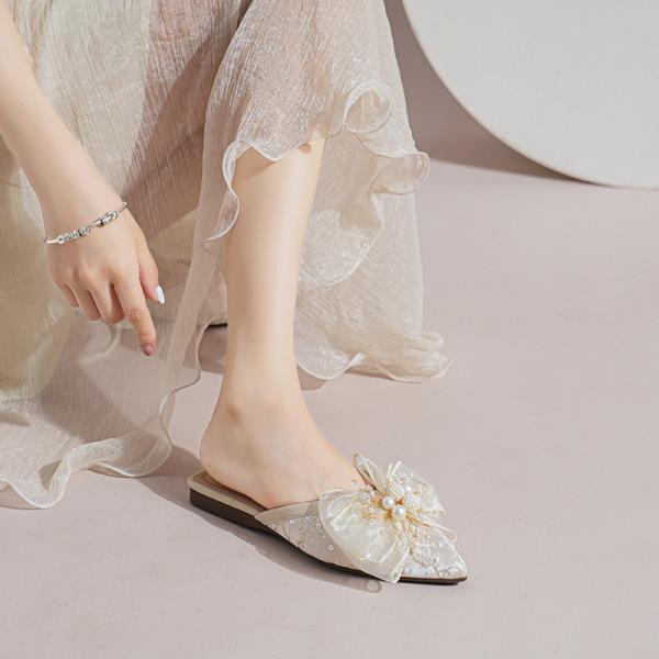 Fashion Cover Toe Big Size Shoes Low Slippers Flat Slides Slipers Women 2025 Pointed Fabric Hoof Heels Bling Rubber PU Silk Shoes Womens