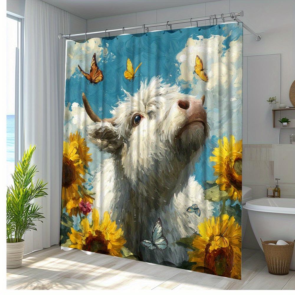 1pc Charming Goat Shower Curtain with Vibrant Sunflowers and Butterflies - Refreshing Bathroom Decor, Polyester Fabric, Includes