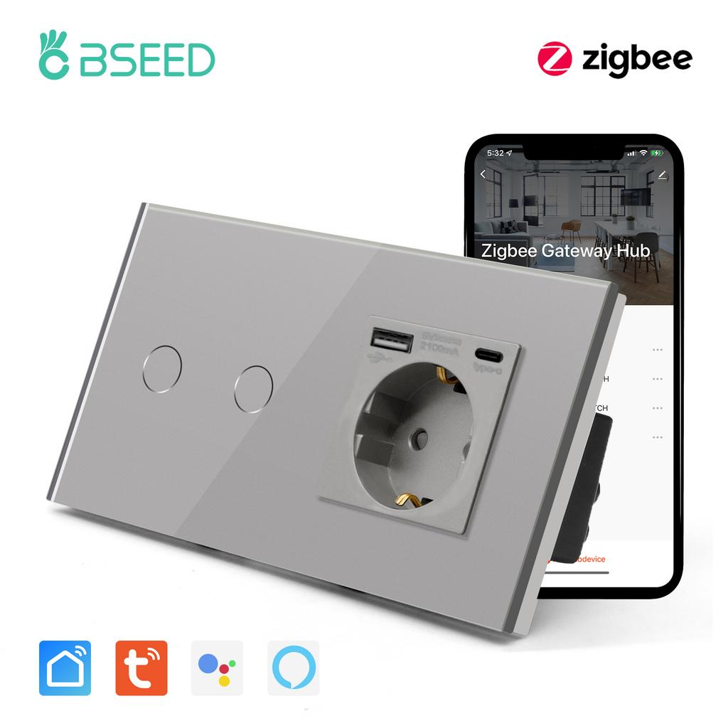 BSEED Zigbee 1/2/3Gang Touch Light Switch 1/2/3Way Sensor Switches With EU Type-c USB Sockets Tuya Smart Life Alexa Control