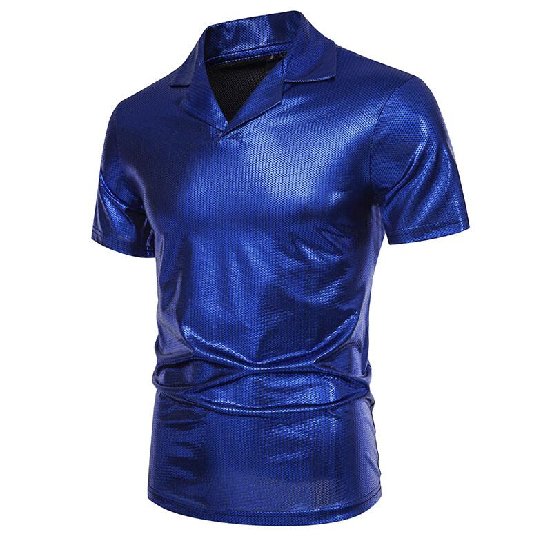 Summer Men's Short Sleeve Polo Shirt Shiny Metallic Streetwear Lapel T-shirts Men Gold Stage Costume Disco Party NightClub Tops