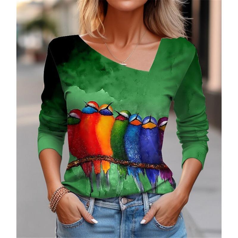 Seksowny diagonalny kołnierzyk z uniwersalnym cyfrowym nadrukiem 3D T-shirt damski na co dzień wiosna jesień długi rękaw koszulka rekreacyjna odzież