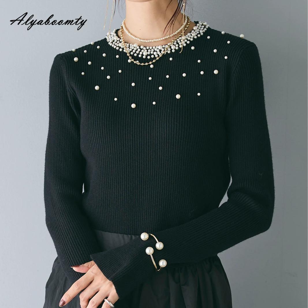 

Элегантная мода осень зима женский базовый однотонный вязаный свитер с круглым вырезом белый черный пуловер с бисером расклешенный рукав женственный топ One Size чёрный