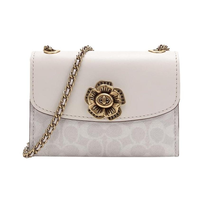 Coach Parker 18 Camellia Chain Strap Canvas And Leather Crossbody Bag Small Women bags Pink White 34256-B4R7B Basic Set (Bag+Dust Bag)