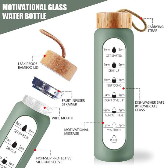 1000 ml vannflaske Bred munn lekkasjesikker høy borosilikat multifunksjonelt motiverende vannglass med hylse for hjemmet