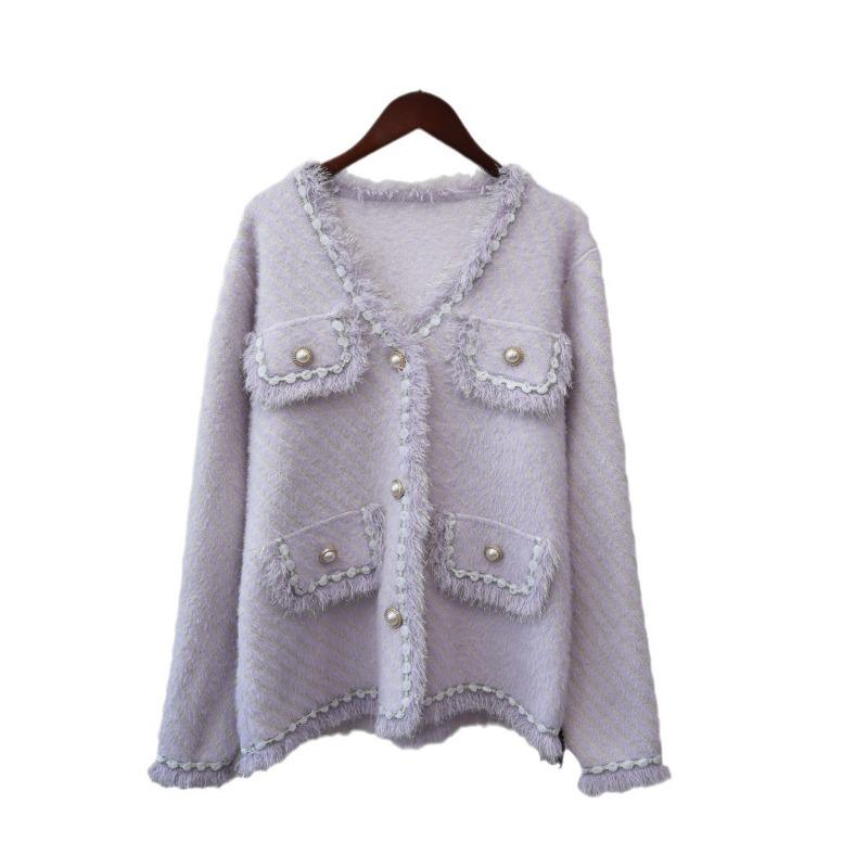 Herbst und Winter neue lockere Strickjacke aus Imitat-Nerz-Samt, feminin, weich, wachsartig, Pulloverjacke