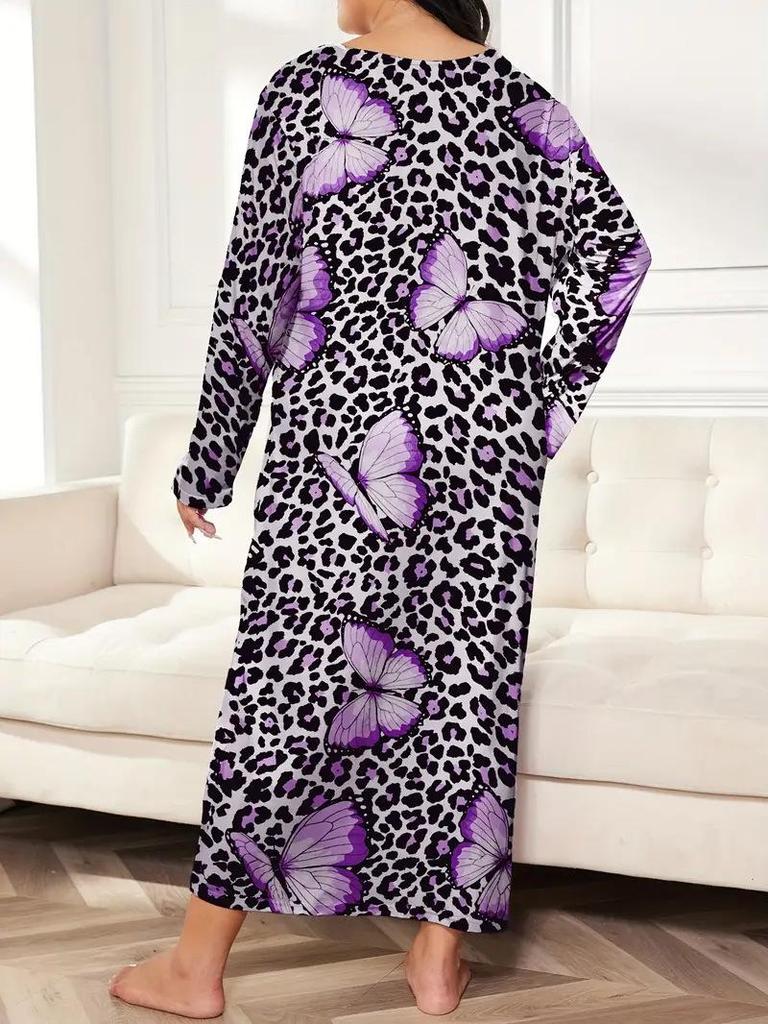2025 European Plus Size Long Sleeve Butterfly Heart Leopard Print Nightgown