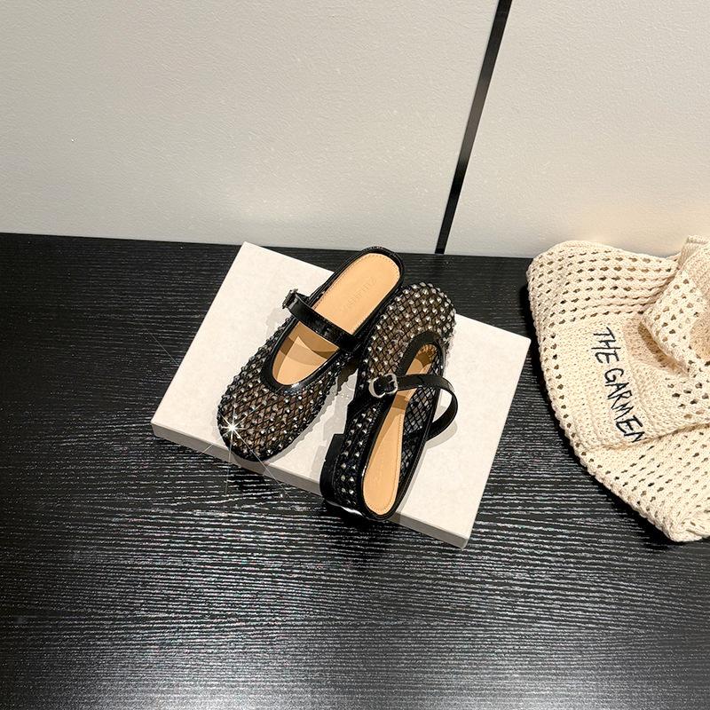 Small Man Increases the Height of Rhinestones Mary Jane Bag Head Half Slippers Women's New Summer Breathable Cool Slippers