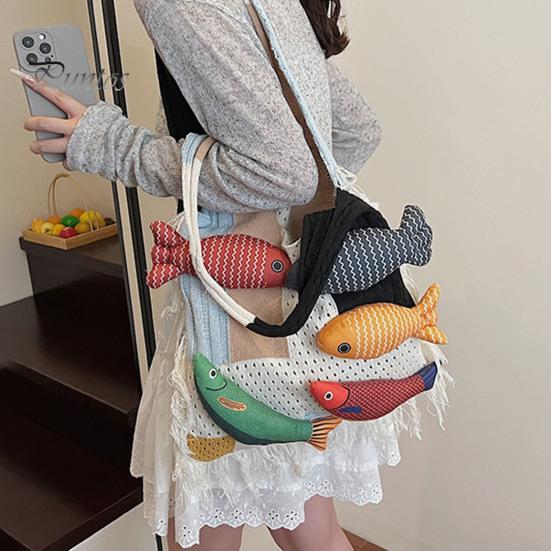 Fish Decoration Knitted Bag 3D Tote, Patchwork Shoulder with Tassels, Colorful Boho Women Purse for Daily Commuting Travel Shopping Practical Sundries