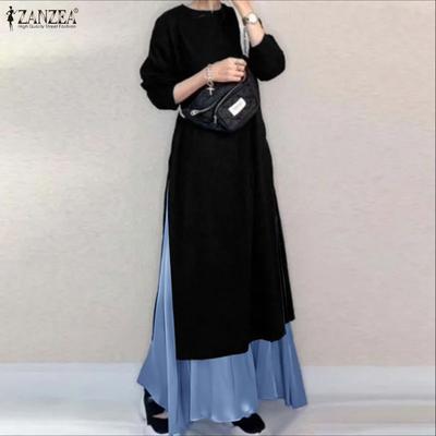 Women Casual Round Neck Long Sleeve Patchwork Long Dress
