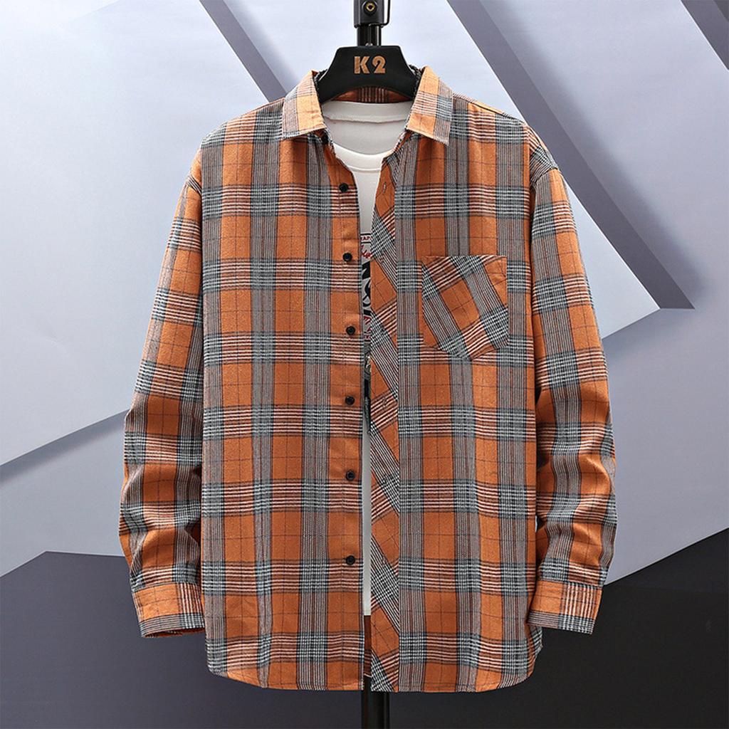 Men'S Long Sleeved Shirt Men'S Lapel Plaid Cardigan Long Sleeved Shirt