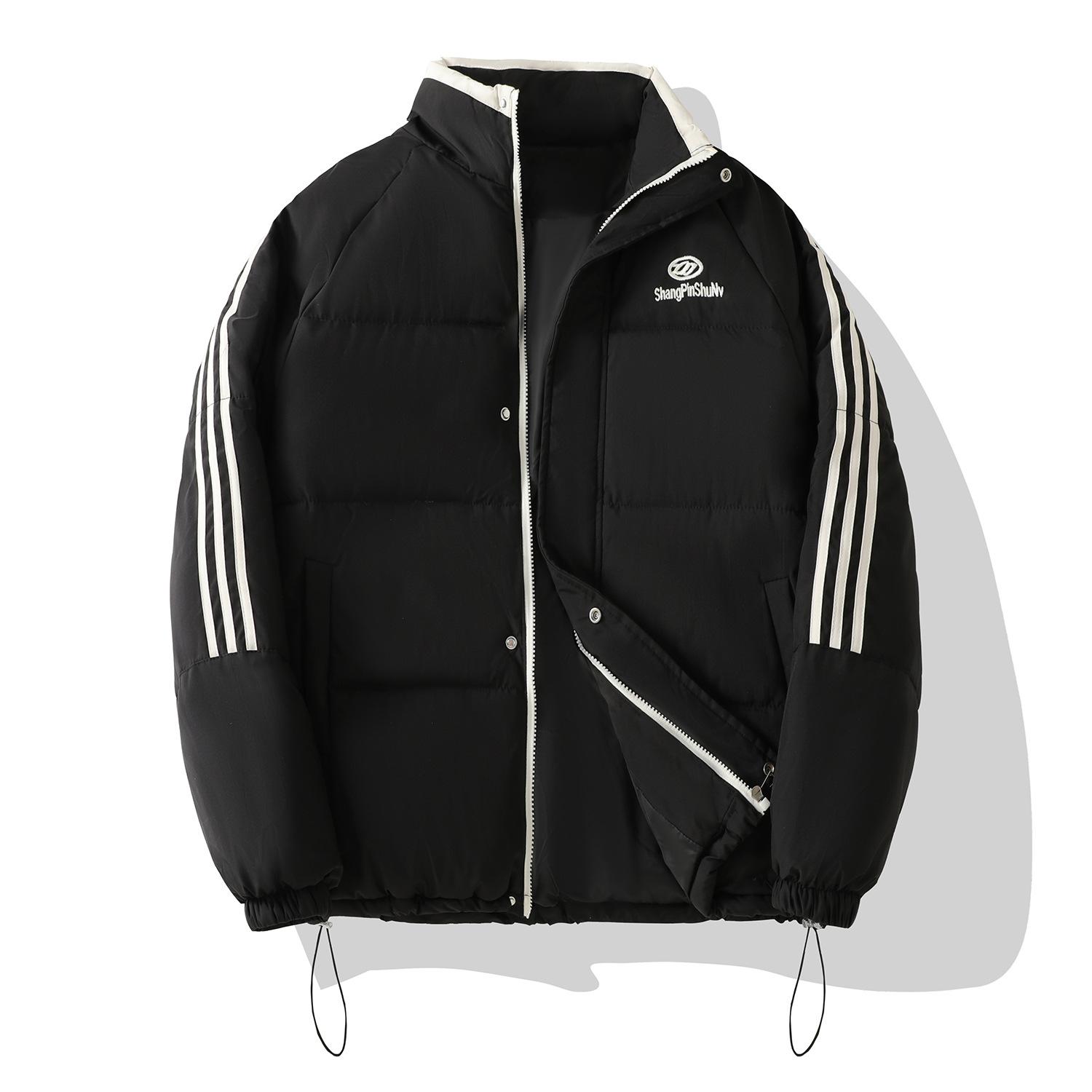 

American retro side striped cotton jacket women s 2025 winter trendy brand casual warm bread jacket stand-up collar jacket S чёрный