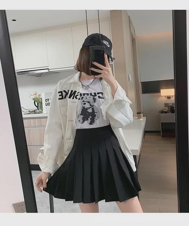 Women's Gray High-Waist Pleated A-Line Skirt - Short, Slim, JK Style for Summer, Spring, and Autumn.