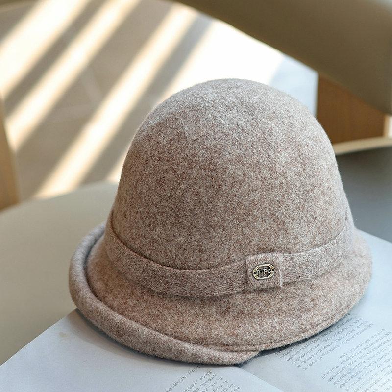 Pure Wool Bucket Hat Women's Winter New Retro Top Hat Curled Edge Shows the Face Small British Lady Basin Hat