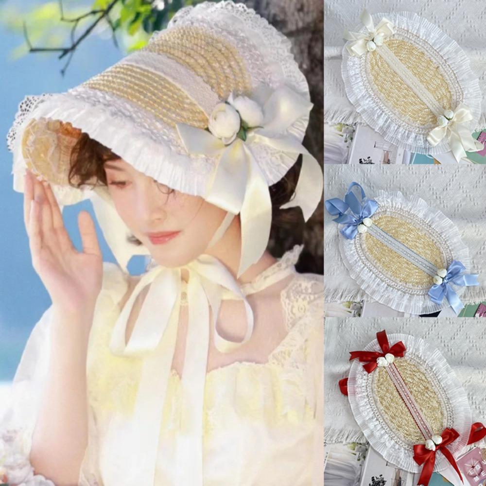 Ruffle Lace Beach Hat Flat Top Hat  for Elegant Tea Party Princess Beach Outdoor Travel