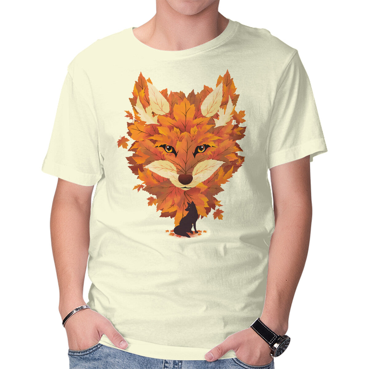 Unisex Crew Neck T-Shirt Autumn Leaves Fox Graphic Short Sleeve Casual Tee S
