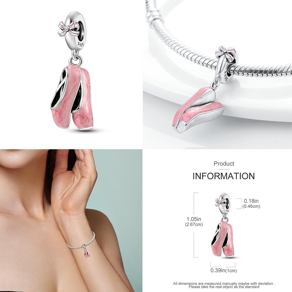 925 Silver Pink Ballet Girl Bow Pendant Charms Beads Fit Original 925 Bracelet Necklace Jewelry Making For Women DIY