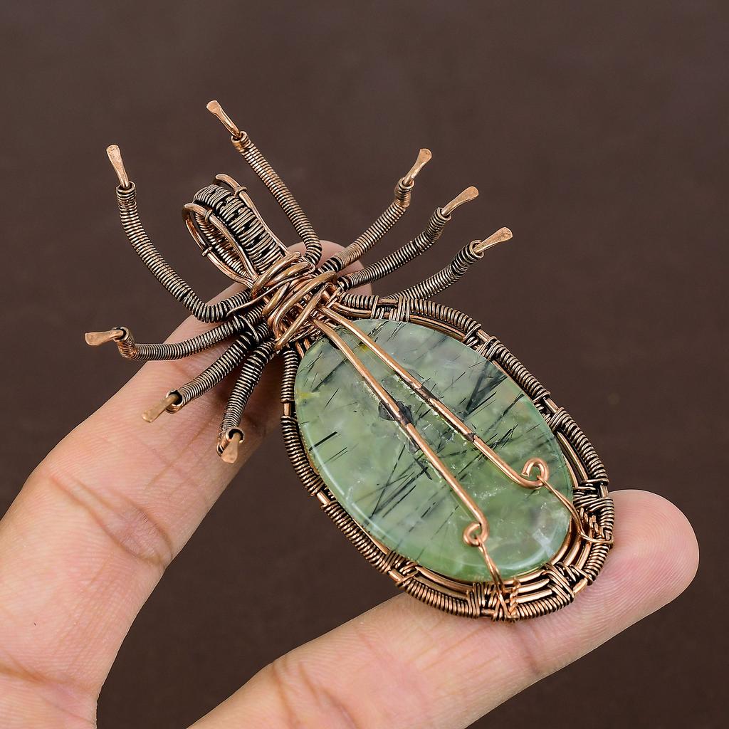 Natural Moss Prehnite Stone Handmade Copper Wire Wrap Spider Pendant 2.56" R6O56