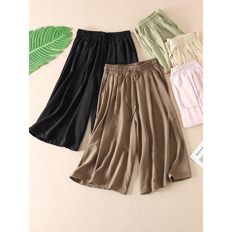 

for Match Summer Three-Quarter Length Wide Leg Culottes Pure Color Ice Silk Wrinkle Casual Pants Women s Easiest for Match Slim Looking Loose Pants T9