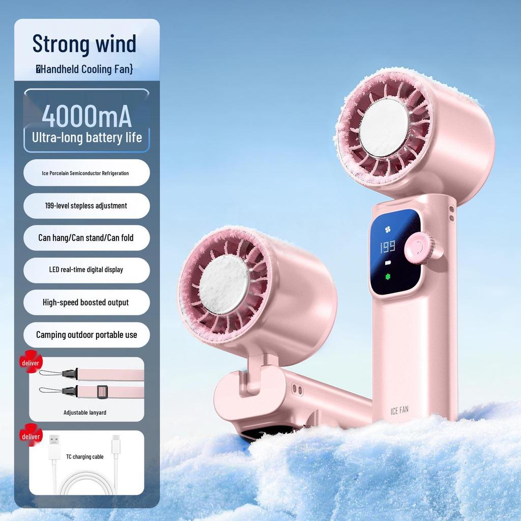 Portable High-Speed Cooling Handheld Fan with Strong Airflow, Long Battery Life, Foldable Neck, Digital Display, and Ice Pack Feature