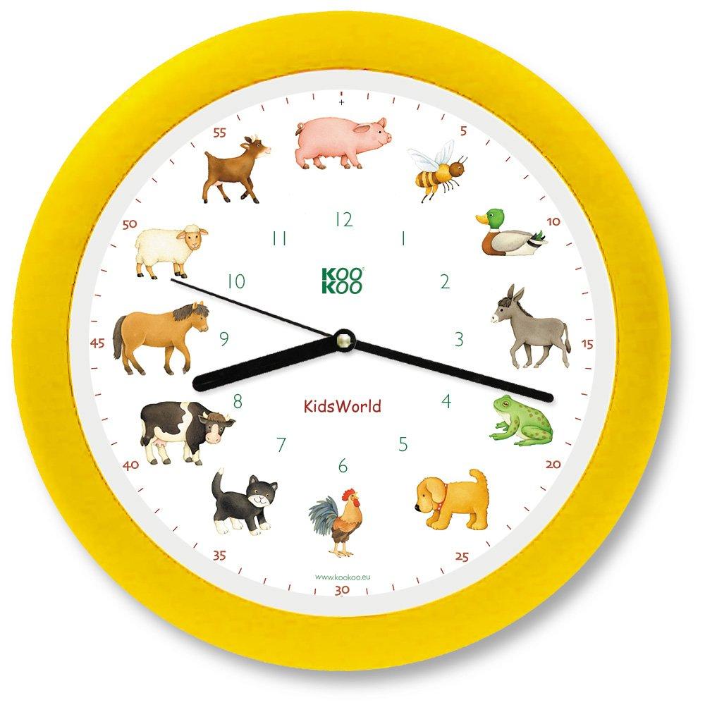 KOOKOO Kids World Yellow Animal Sounds Wall Clock with 12 Farm Animals Telling Time, Cute Wall Clock, Perfect for Kids' Rooms, Soothing Sounds