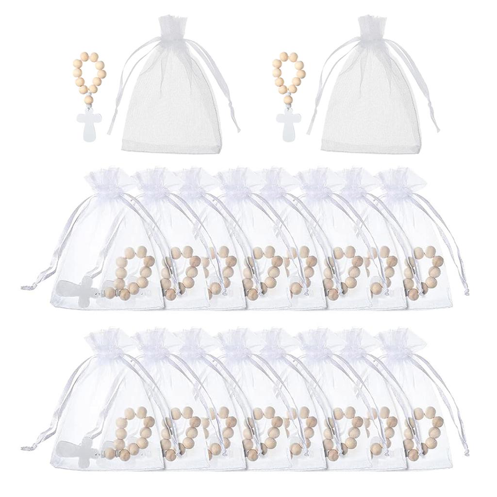 18db Katolikus fa rózsafüzér gyöngyök karkötő keresztekkel medállal hálós húzózsinórral táska keresztelő elsőáldozáshoz