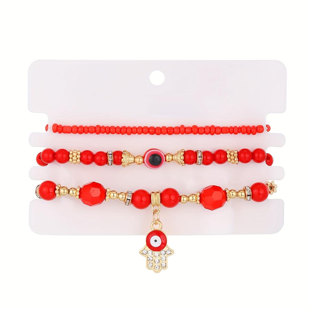 3 pcs Bohemian Style Turquoise Blue Devils Eye Beaded Anklet for women