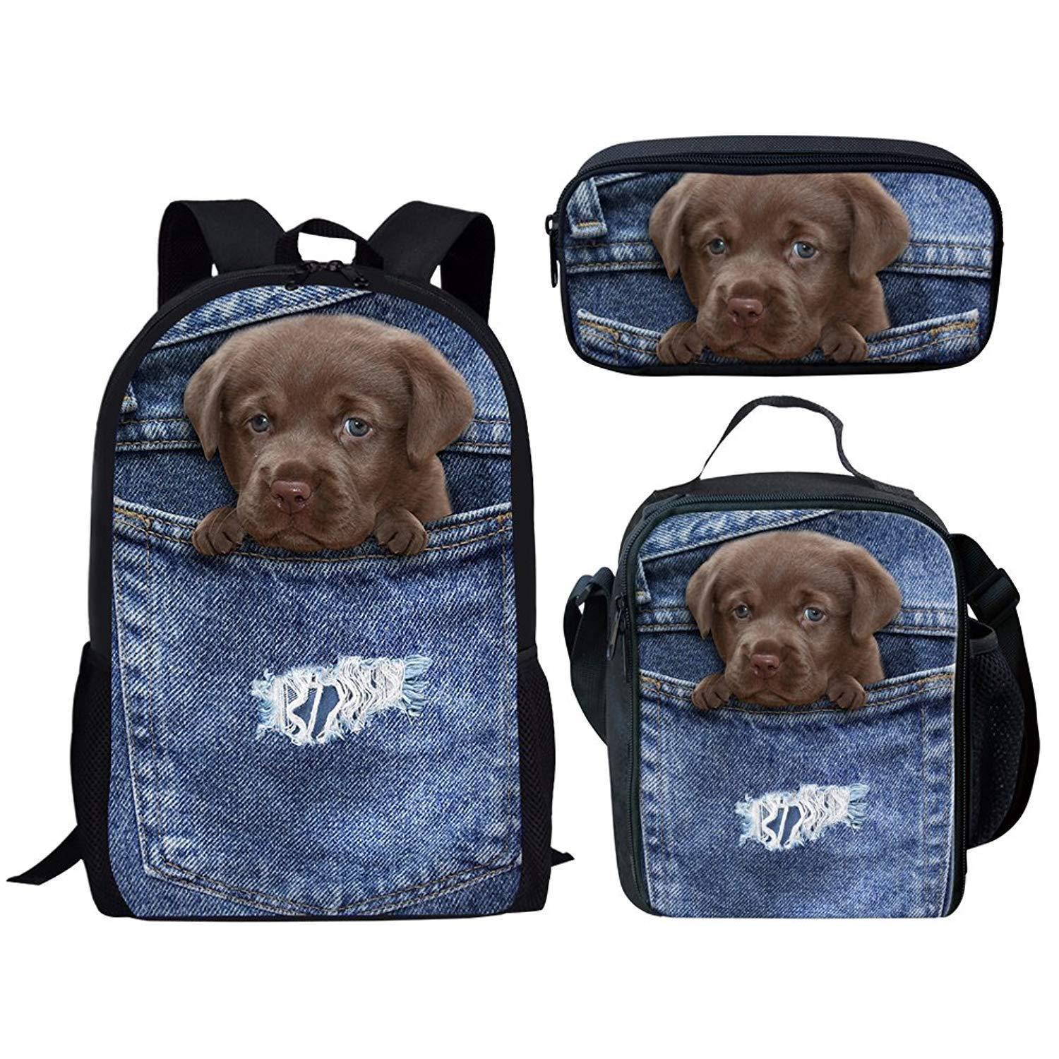 Klassiek Populair Nieuwigheid Denim Zak Kat/Hond 3D Print 3 stuks/Set leerling Schooltassen Laptop Dagrugzak Rugzak Lunchtas Etui