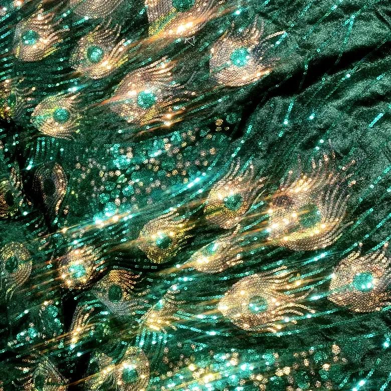 Peacock Feathers Sequin Fabric Wedding Party Girl Perform Dress Make Cloth Embroidery Lace Green Originality Fashion Fabrics
