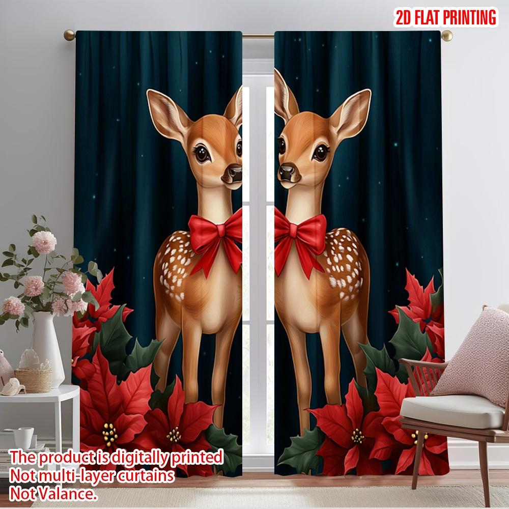 2pcs,2D plane printing Curtain Fabric Cute Fawns Christmas Poinsettias Versatile Polyester Fabric (without rod) Decorations