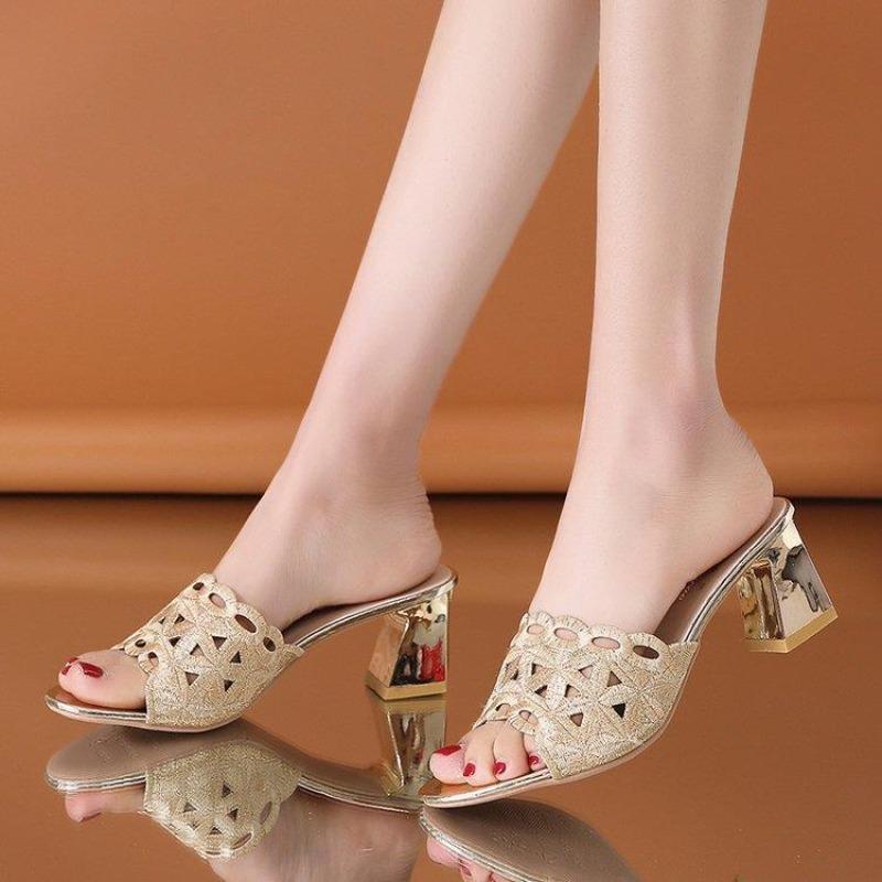 Embroidered Heeled Sandals Outside Slides Pvc 2025 Trend Slip-resistant Shoes for Women Elegant and Fashionable Woman Slippers