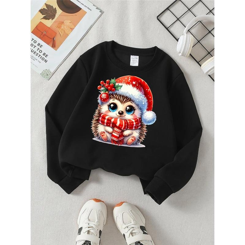 European sizes Christmas Hedgehog Santa Hat Scarf Girls' Fashionable Crewneck Sweatshirt, Western Top, Children's Long Sleeved Casual Tee