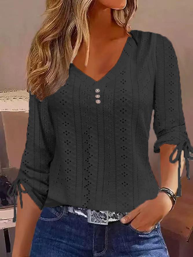 2023 Autumn/Winter Pure Color Jacquard Button Long Sleeve T-shirt Top