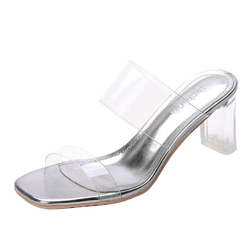 

2025 Women s Genuine Leather Sheepskin One-Strap Transparent High Heel Sandals with Chunky Crystal Heel Size 38