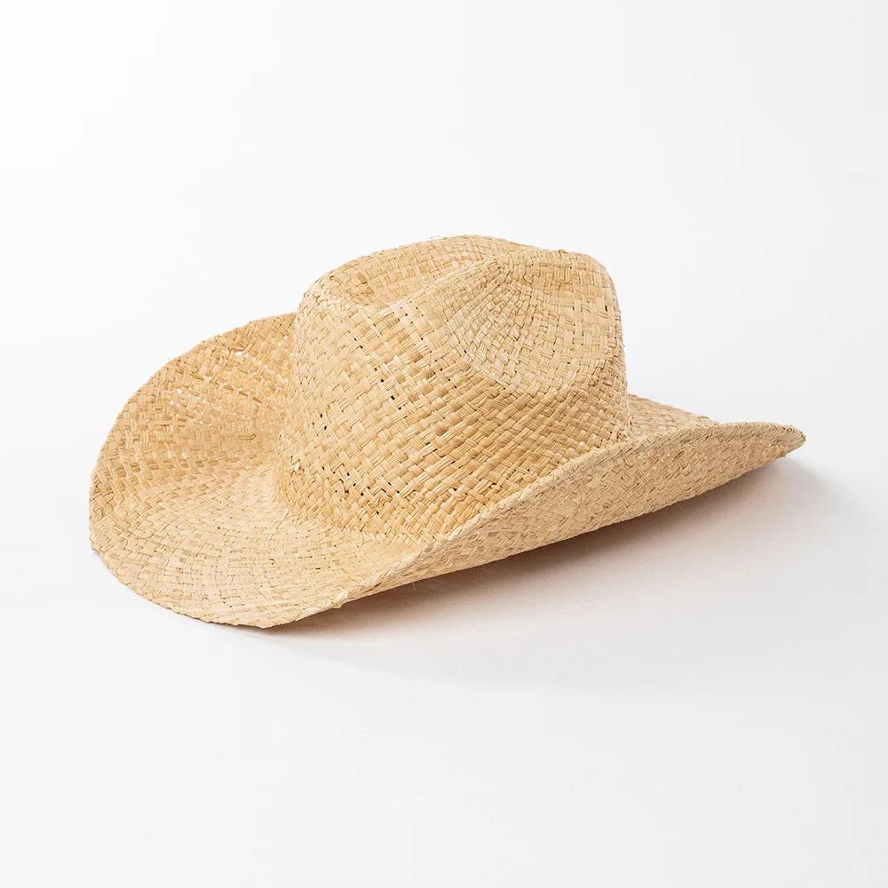 

Hand Woven Raffia Hat Women Summer Simple Western Cowboy Straw Hat Lady Ins California Girl Seaside Vacation Curled Brim Sun Hat L 59cm