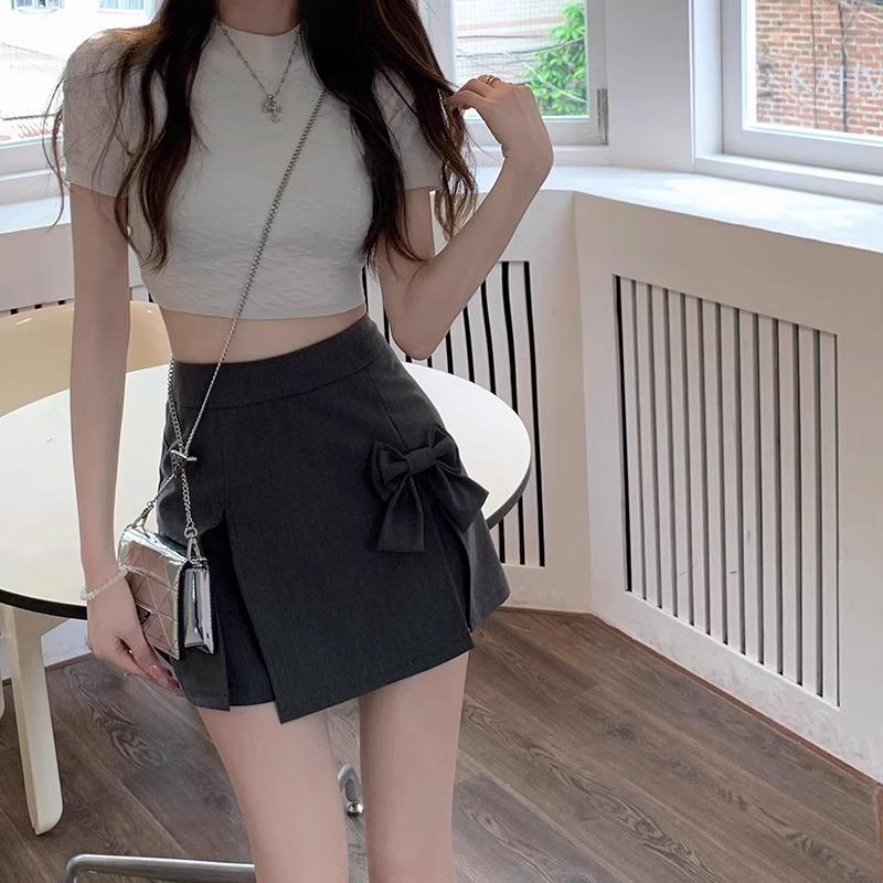 2024 Summer Women's Gray A-Line Bow Slit Bodycon Skirt-Shorts