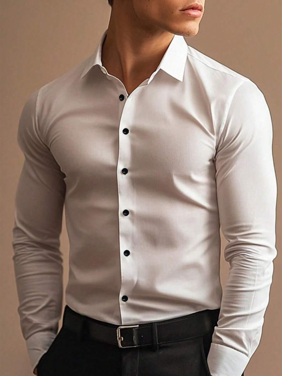 

Мужская профессиональная рубашка с длинным рукавом приталенного кроя в корейском стиле - Не требующая глажки, Красивая формальная одежда XXXL