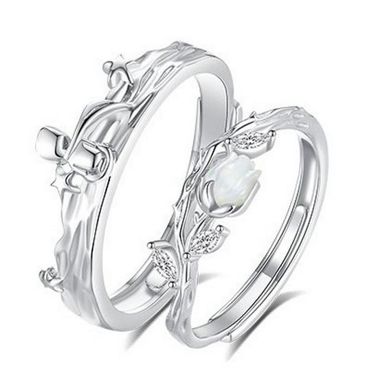 Sterling Silver 999 Adjustable  The Little Prince and the Rose  Couple Rings for Men and Women S925 Ring - Women s