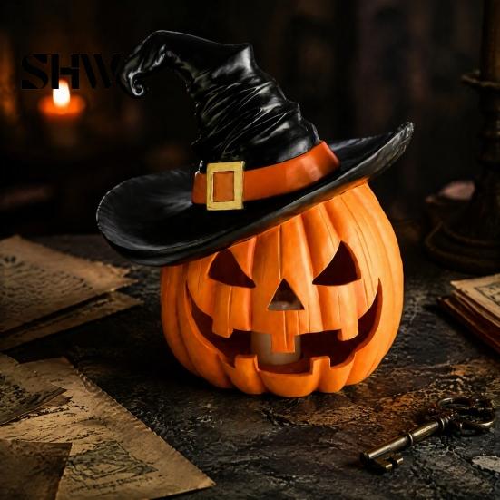 Weighted Solid Resin Figurines Halloween Pumpkin Ornament with Witch Hat, Jack O Lantern Decorative Lamp, Tabletop Figurine for Party Spooky
