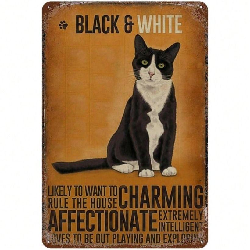 

Vintage Black White Cat Metal Poster Wall Art Bar Retro Home Decor