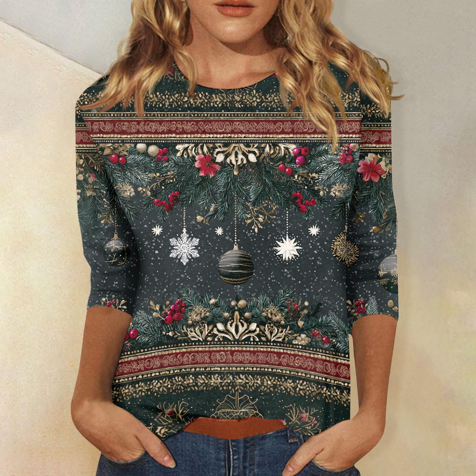 

Женские топы Рубашка с рукавом три четверти V-образный вырез Свободная повседневная рубашка Футболка с принтом XL