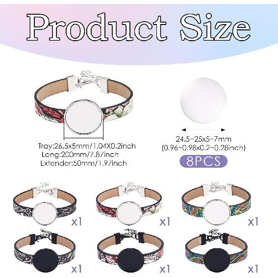 14 Pcs PU Leather Cord Bracelet Bezel Tray Blank Tray Bracelet Band Settings 26.5 mm Adjustable Round Tray Bracelet Kits with Glass Cabochons for DIY