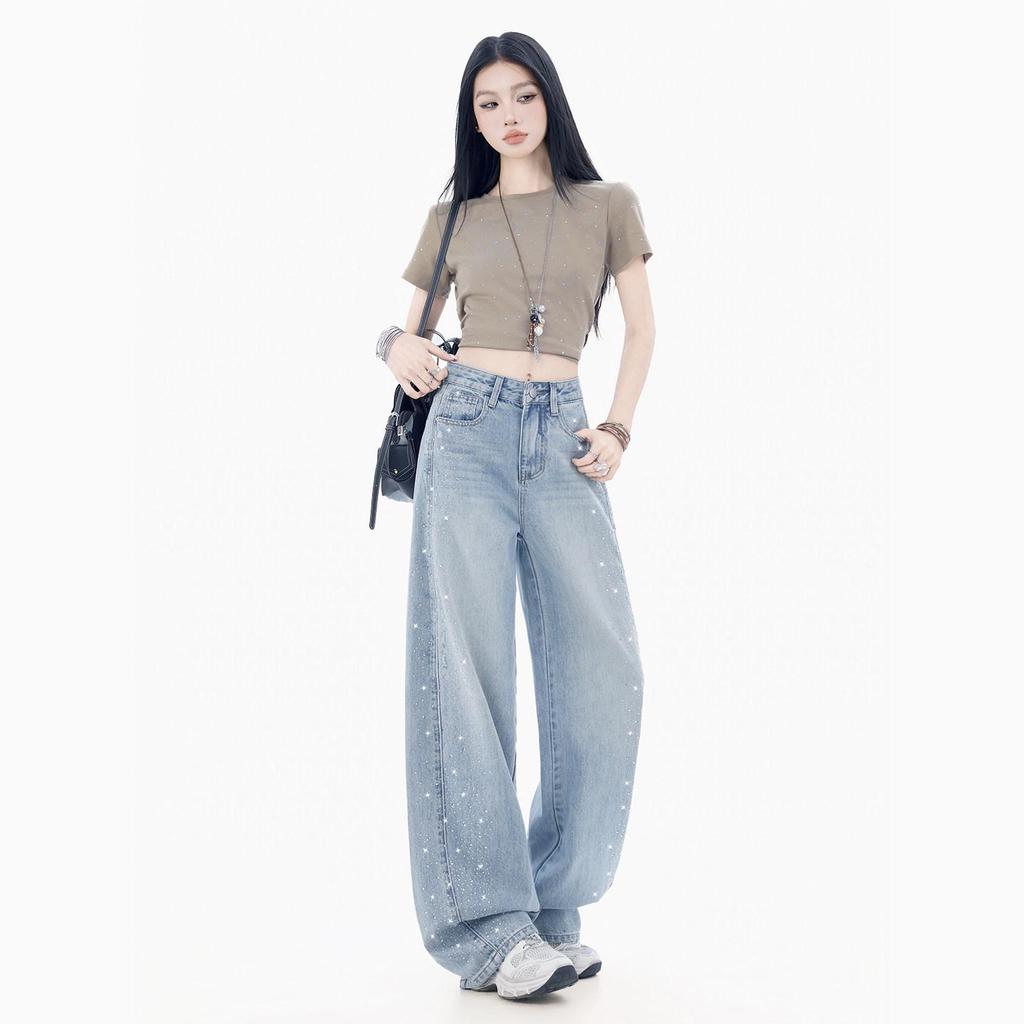 2026 Women's Rhinestone Wide-Leg Jeans: Loose, Slimming, High-End Floor-Length with Concealing Design for Spring/Autumn