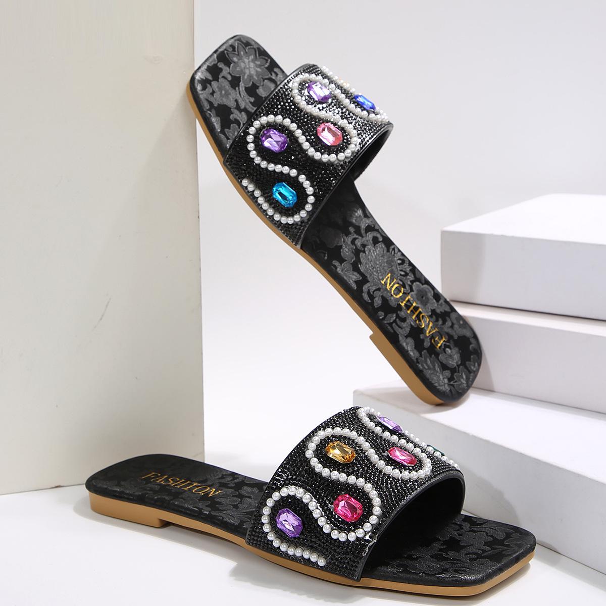 

Ladies slippers Brazilian flip flops women s luxury colored crystal summer fashion pearl cool slippers 35 чёрный