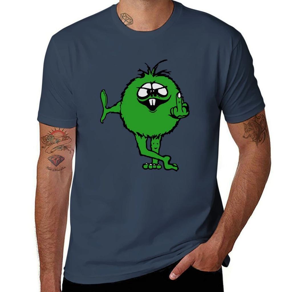 Green Guy flips bird  70s retro TShirt Soft Basic Cotton Short Sleeve Tee