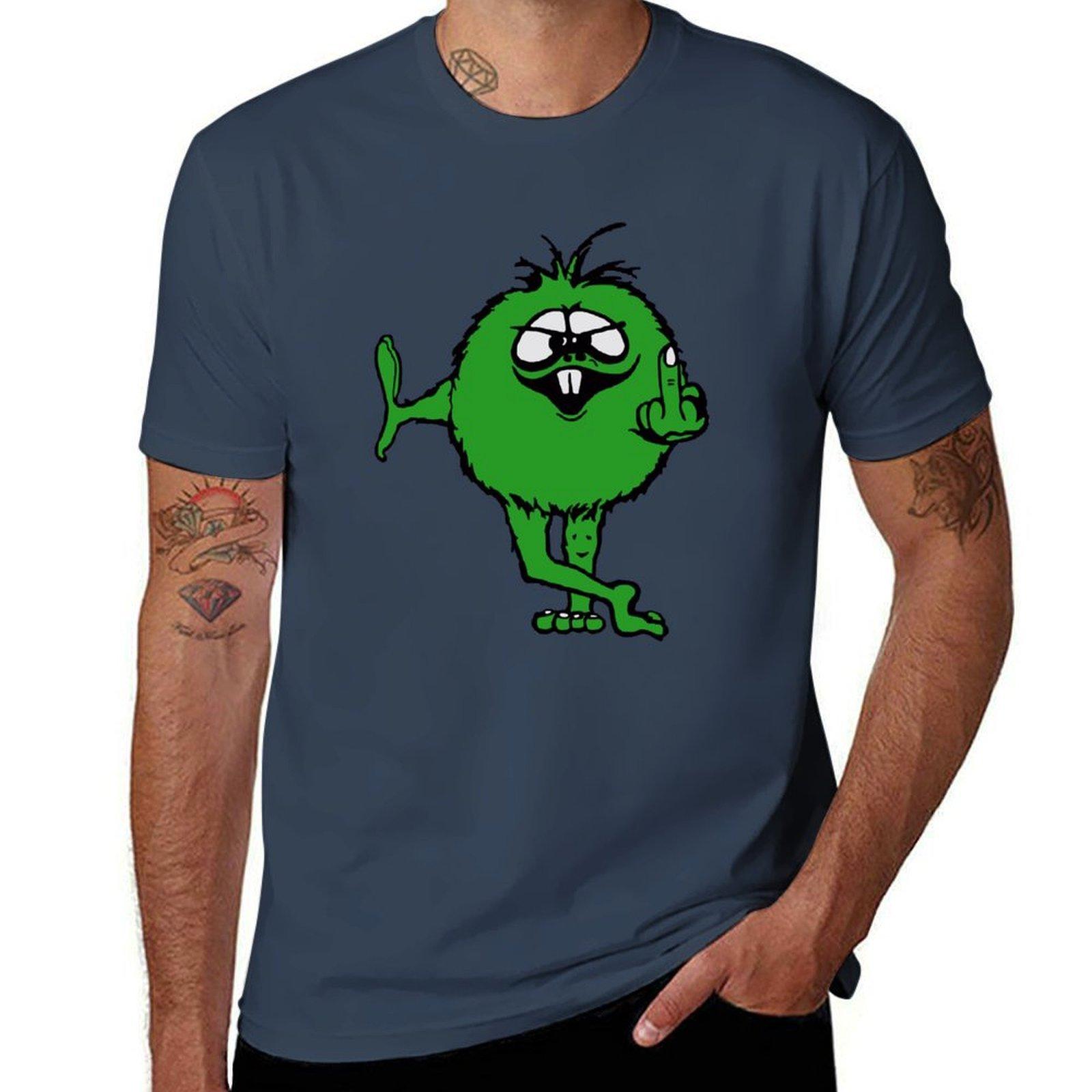 Green Guy flips bird  70s retro TShirt Soft Basic Cotton Short Sleeve Tee S