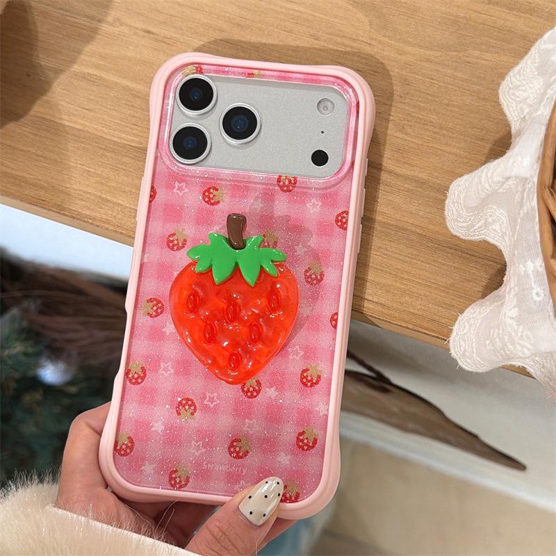 Korean 3D Strawberry Stand-Compatible iPhone Case for iPhone 14/15/16 Pro Max/17
