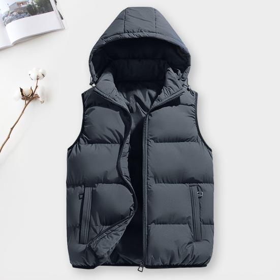 Pánská zimní bavlněná vesta Bez rukávů Kapuce na zip Kapsy Cardigan Zahuštěný Jednobarevný Větruodolný Udržování tepla Měkký Teplý Ležérní Kabát Vesta
