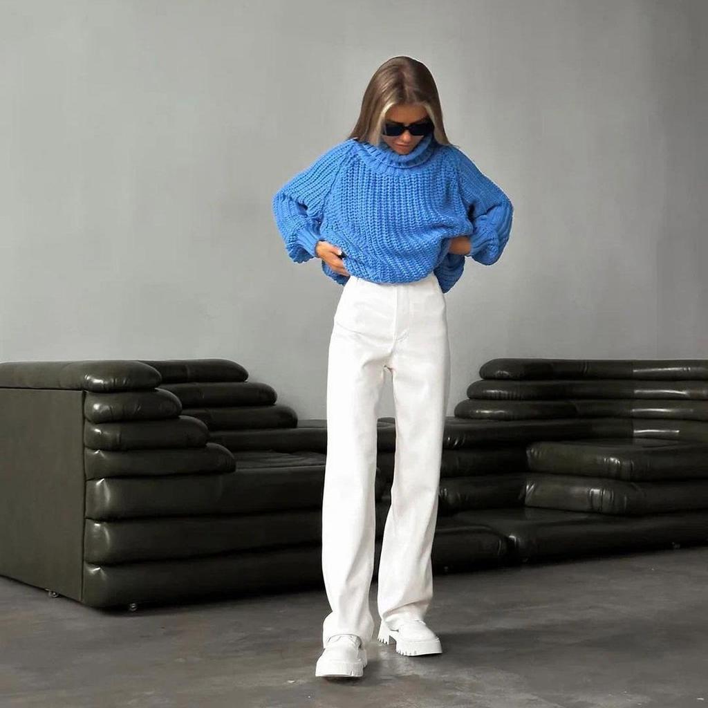 Autumn Winter Vintage Loose Long Sleeve Top Solid Color Pullover Knitwear Stand Collar Sweater