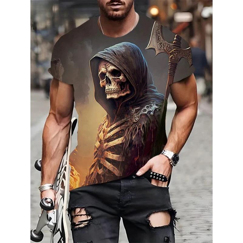 Skrekkhodeskalletrykk for menn t-skjorte 3D-trykk vintage kortermet o-hals mote overdimensjonerte t-skjorter menns sommergateklær