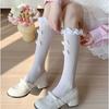 Women Japanese Aesthetic Hollowout Mesh Middle Tube Socks Striped Patterned Ruffle Trim Over Calf Socks with Bows Accent